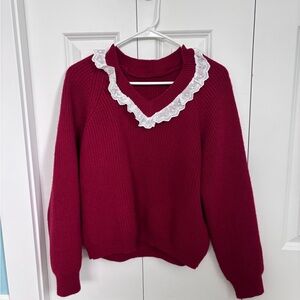 Burgundy Red and White Embroidery Knitted Sweater Size M Medium